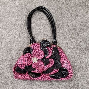 Black and Pink Animal Print Kisslock Shoulder Handbag with Flower and Jewel
